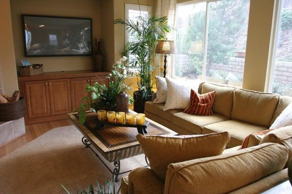 Typically family room installation showing a wall mounted display with all components hidden in a separate closet or behind t...