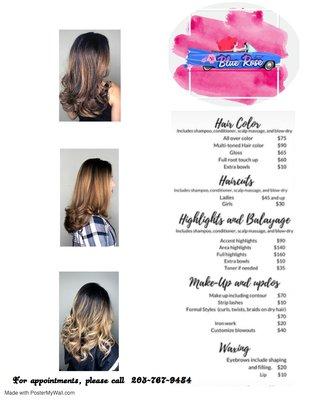 Blue Rose Salon services and prices.