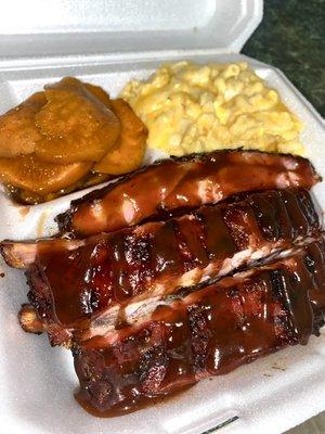 Grilled Rib plate with candy yams and my famous Mac and cheese