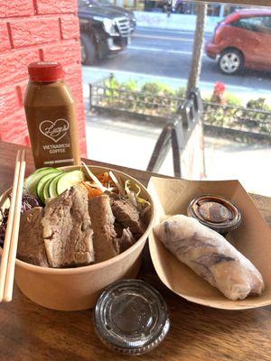 Smoked Brisket Vermicelli Bowl with Lemongrass chicken summer roll and Vietnamese coffee