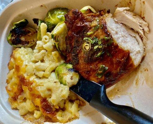 Honey, spicy Chicken cutlet with Mac and cheese and Brussels sprouts