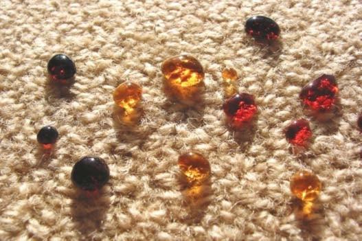 Wool carpet that has been treated with carpet-shield protector.  The beaded liquids are soy sauce, coffee, and red wine.