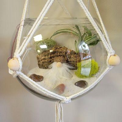 Here is one of our unique designs, nature, air plants, and crystals. The vibes are amazing.  Sit alone out of the hanger or hang.