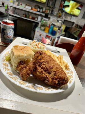 2pc Broasted Chicken all white meat with fries, cole slaw, and roll.