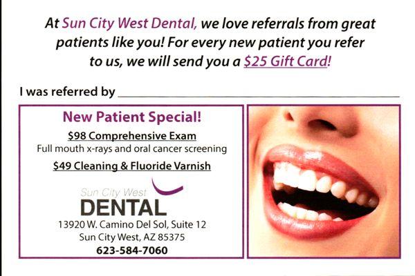 Our new patient special and referral card!