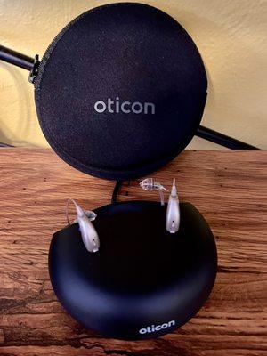 Oticon Zircon rechargeable hearings aids.  Work and sound great. Also use them to stream music and gps from my phone.