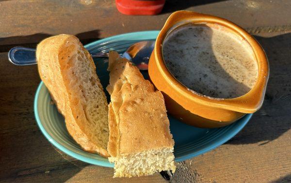 Wild mushroom soup--very mushrooms and creamy.