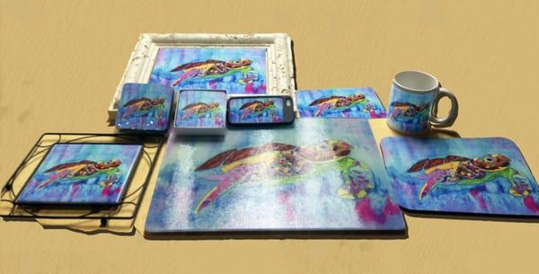 Vibrant Sublimation Line from an artist, including tile, trivet, coasters, cutting board, iPhone Case, metal, and a coffee mug.