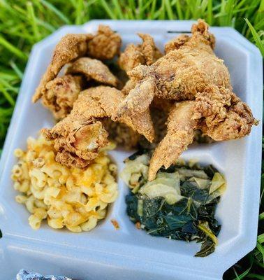 Fried Wings with fried rice, collard greens and cabbage plus Mac & cheese