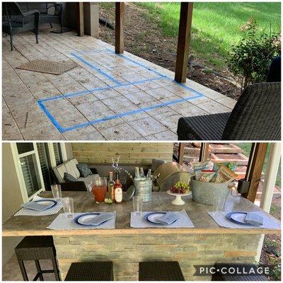 Before and after of completion of an outdoor kitchen in Cornelius, NC.