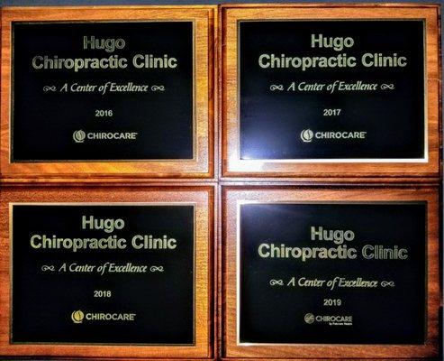 Hugo chiropractic clinic just received the "2019 ChiroCare Centers of Excellence Award"! Four years in a row!