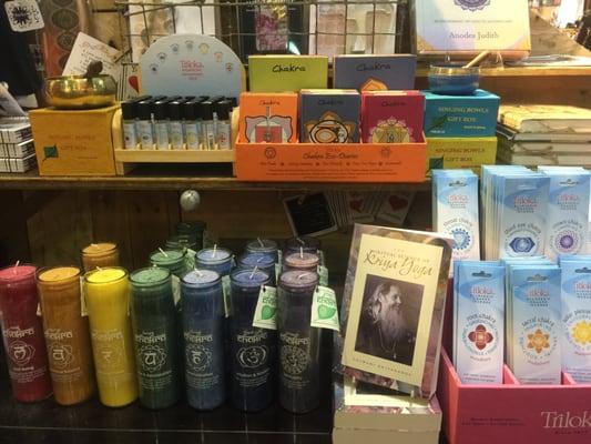 Chakra candles, chakra oils, chakra incense, chakra journals, singing bowls and Kriya Yoga books.