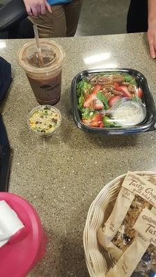 The breakfast I looked forward to every day. Double mocha, strawberry salad, and cous cous salad!