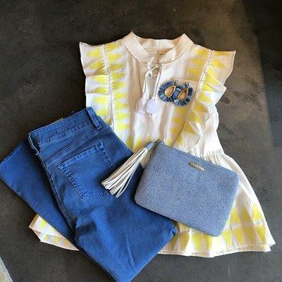 OOTD... blue and yellow! Marie Oliver, NYDJ and Shiver+Dukes