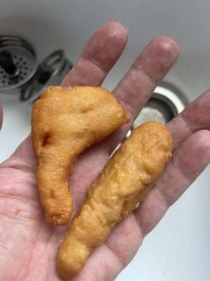 This is what they now serve for chicken fingers. 
 Hard and chewy.