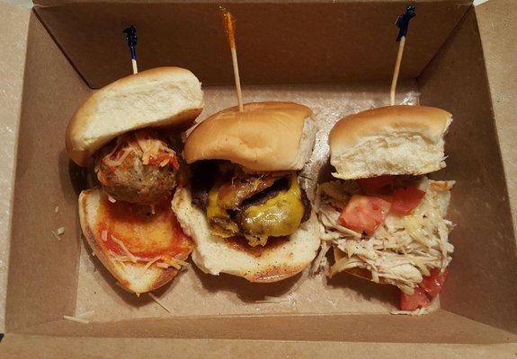 Meatball, BBQ Bacon, and Chicken Pesto Sliders