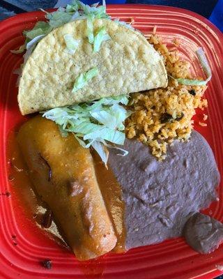 Taco, enchilada, rice and beans!