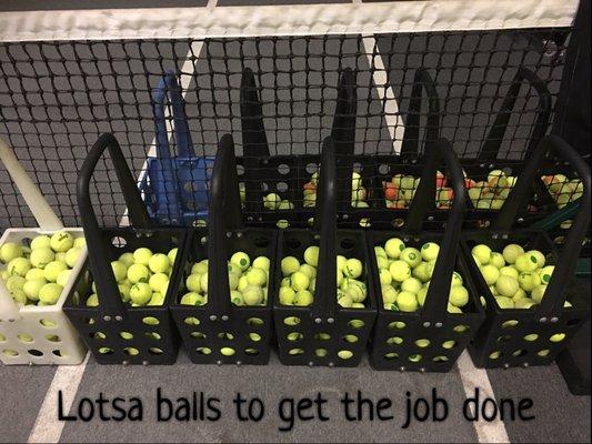 Silly staff and lotsa tennis balls to get the job done