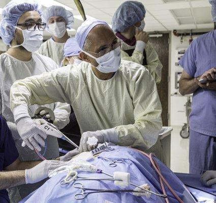 Dr. Jude Sauer performing a surgical procedure on a cadaver.