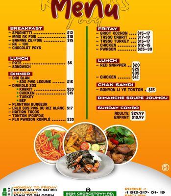 Miss food menu. All the Haitian dishes that you want to taste.