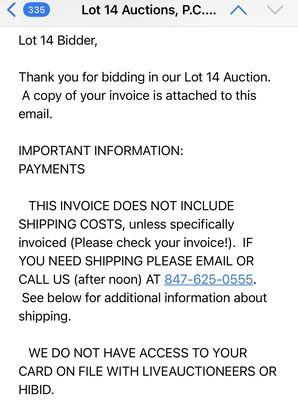 An invoice email since I was deemed to not be an actual bidder.