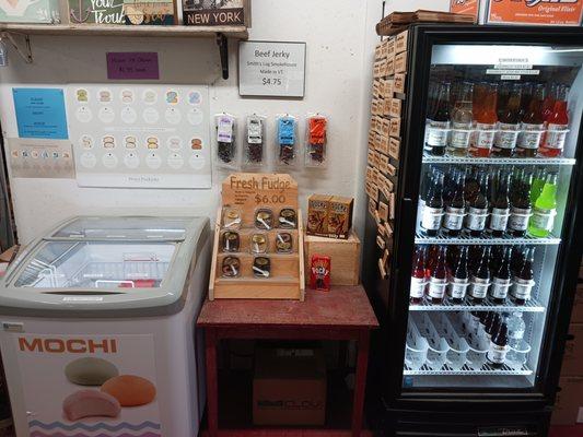 Squamscot old-fashioned soda, fresh fudge, beef jerky, and 10+ flavors of mochi.