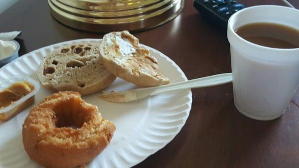 Continental breakfast.  Bagged bagels and frozen donuts.  Hey, at least the coffee is decent.