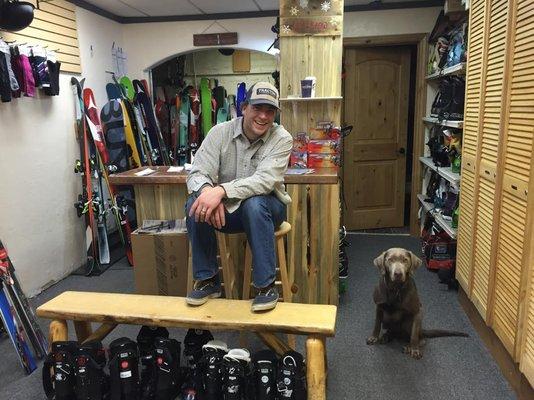 Owner Jon with the "shop dog" Jasmine