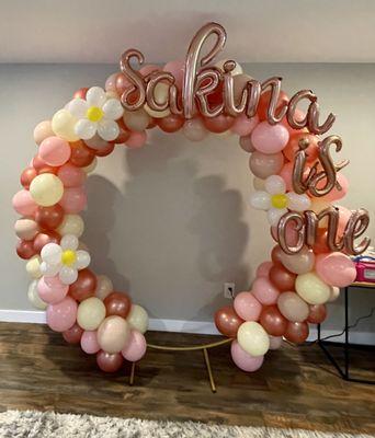 Standing Hoop with organic style balloons and letters