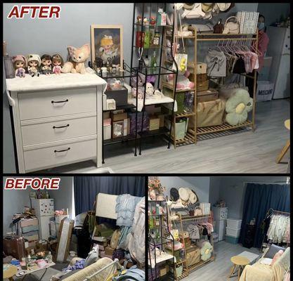 Before and after. Th sitting room contains kids toys , fridge, furniture,