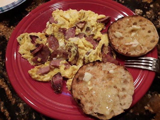 Kielbasa and scrambled eggs