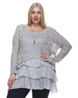 PLUS SIZES. Lacy cropped knit with 3-tiered muslin skirt attached inside