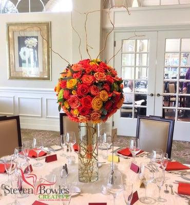 Beautiful large fall wedding table centerpiece designed by Steven Bowles Creative, Naples, FL.