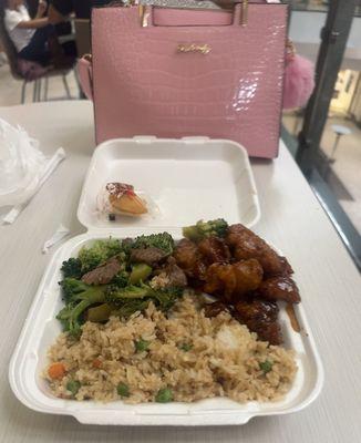 Orange chicken, fried rice, beef and broccoli