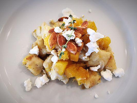 Homemade potato gnocchi and sautéed sweet pumpkin, with toasted pumpkin seeds topped with Boulder Chèvre goat cheese.