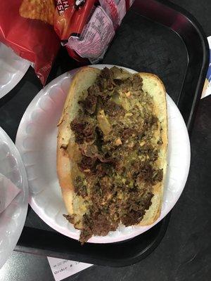 8" Jims Famous Steak Hoagie w/ lettuce, fried onions, steak&cheese on a toasted Italian roll.... worth every bite and very fulfilling...