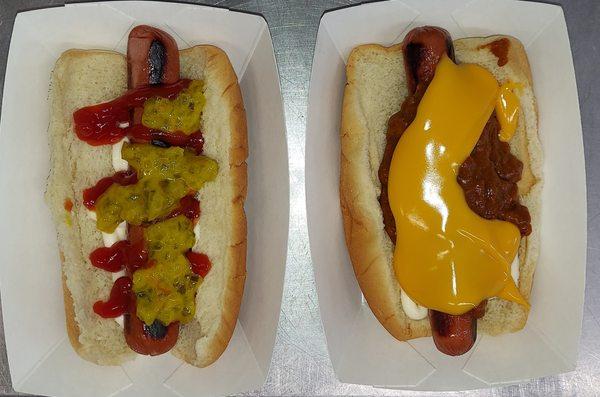 Hot Dogs! Condiment options: Mayo, Ketchup, Mustard, Relish, Onion, Jalapeno, Chili, Cheese