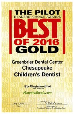 Voted 2016 Gold Winner "Best Children's Dentist"