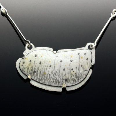 Enamel, graphite, 24 k gold leaf and sterling silver necklace.