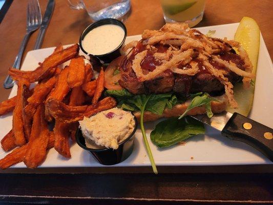 Buffalo burger with sweet potatoe fries.