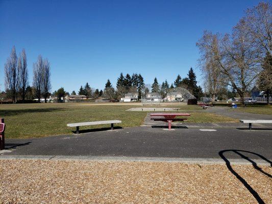 Seating benches and another Baseball field