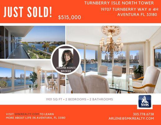 Just Sold ! Turnberry Isle North Tower Unit 4H Large 2b-2b w wrap around balcony and water front views!