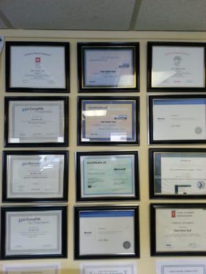 This is the wall of certifications that 2NetSolution has.  It has a certification for anything you need!