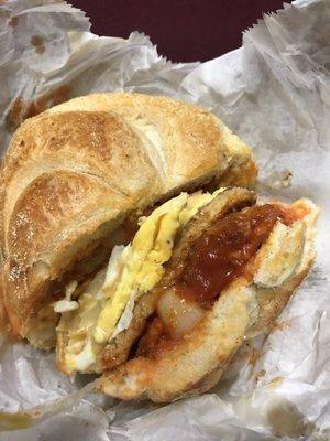 Sausage, egg, cheese, and homefries with hot sauce. All for $4.50