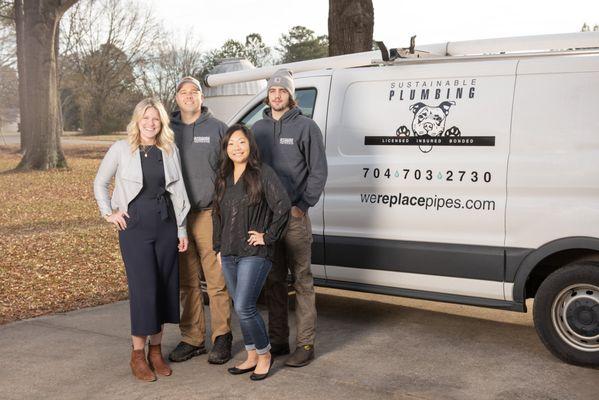 Sustainable Plumbing of NC Owner/Operator Paige Shue, Master Plumber Nate Shue, Expert Technician Joshua, Office Manager Kristi