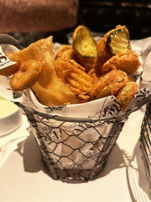 Fried pickles, jalapeños, and home style chips