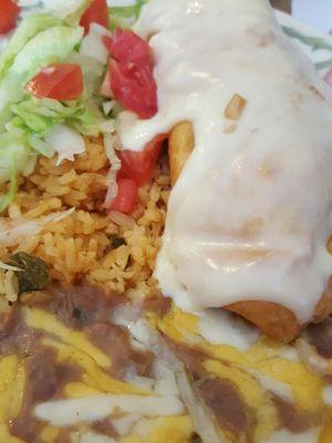 Chimichanga smothered in white stuff that resembles gravy cheese.