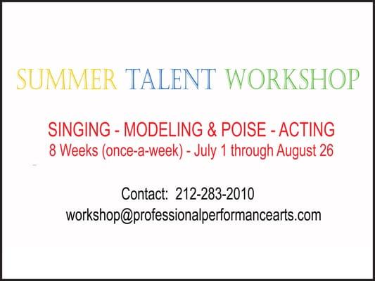 Group classes in Singing, Acting, Modeling & Poise for youth and adult.  See www.professionalperformancearts.com for more info.