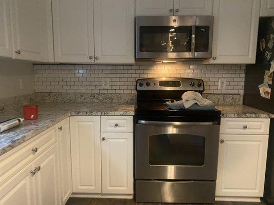 Subway tile backsplash we had the privilege of installing for a customer