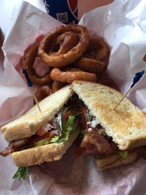 BLT on sourdough with onion rings. Delicious!